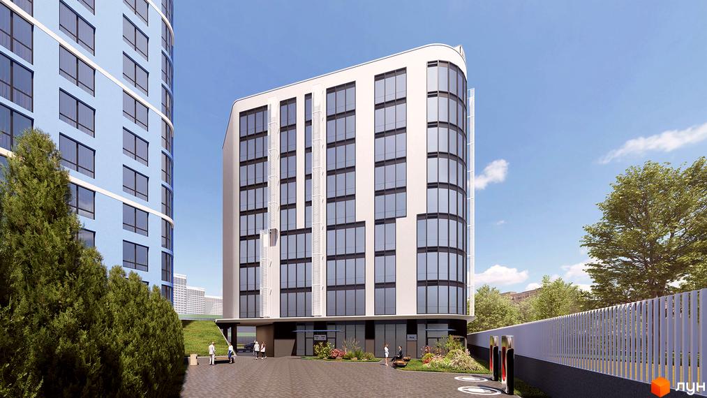 Житловий комплекс Канкріт: біла багатоповерхова будівля з панорамними вікнами та блакитна будівля поруч, упорядкована прибудинкова територія з деревами та парканом.