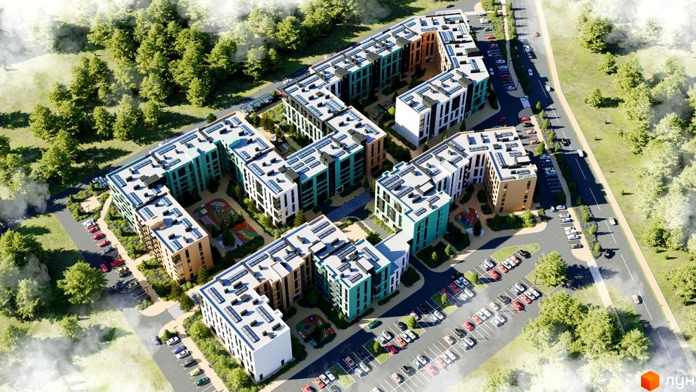 Зовнішній вигляд житлового комплексу Хвоя з різнокольоровими фасадами та сонячними панелями на дахах. Прибудинкова територія з дитячими майданчиками та парковкою.