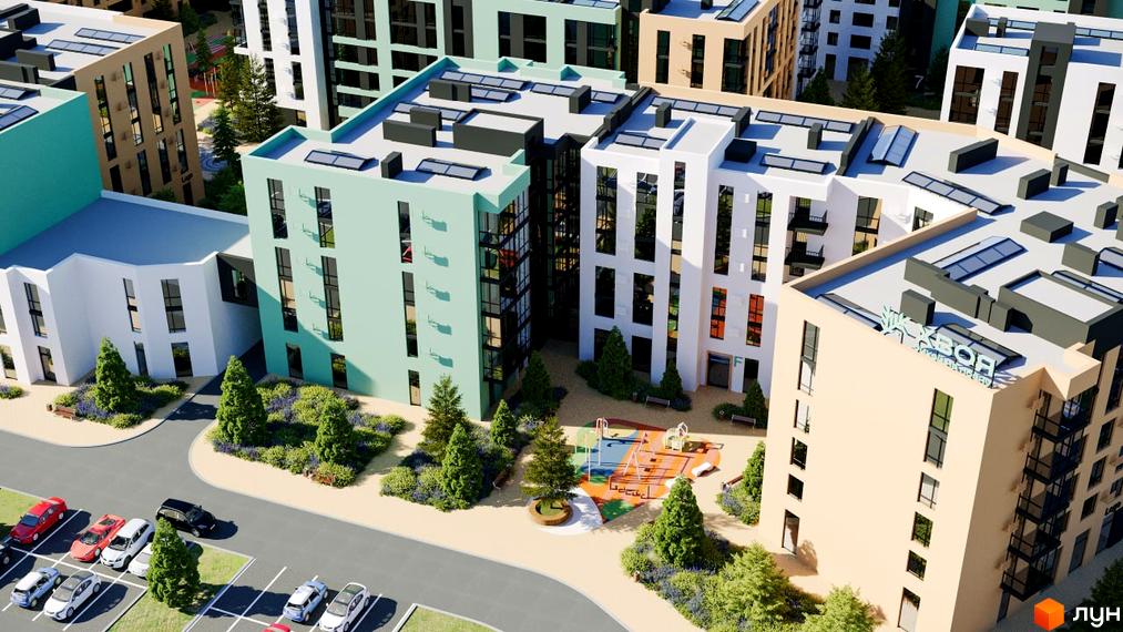 Житловий комплекс Хвоя: фасади будівель з панорамними вікнами та дитячий майданчик на прибудинковій території.