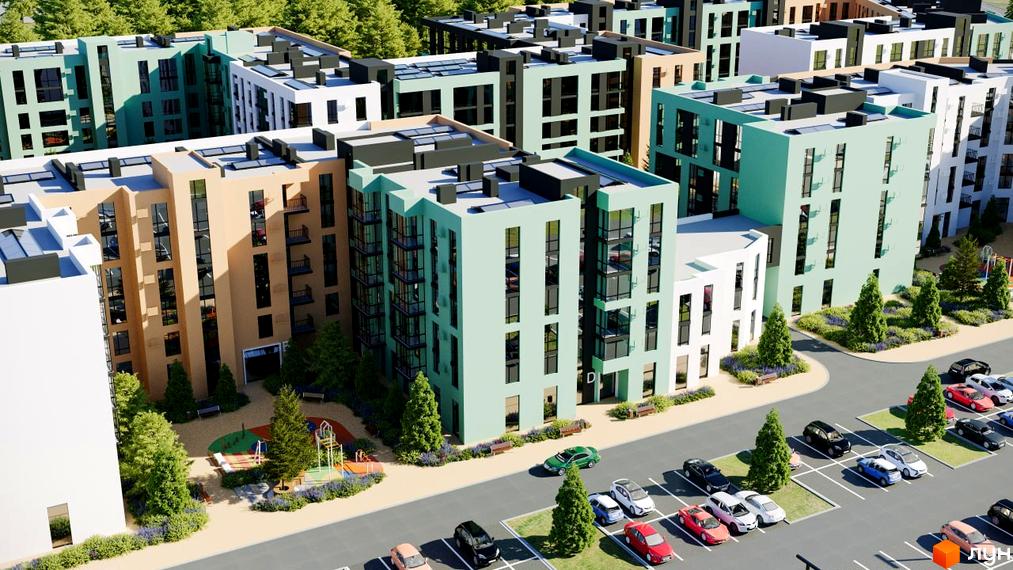 Будівельний проєкт Хвоя з різнокольоровими фасадами та балконами, поруч дитячий майданчик та парковка з автомобілями.