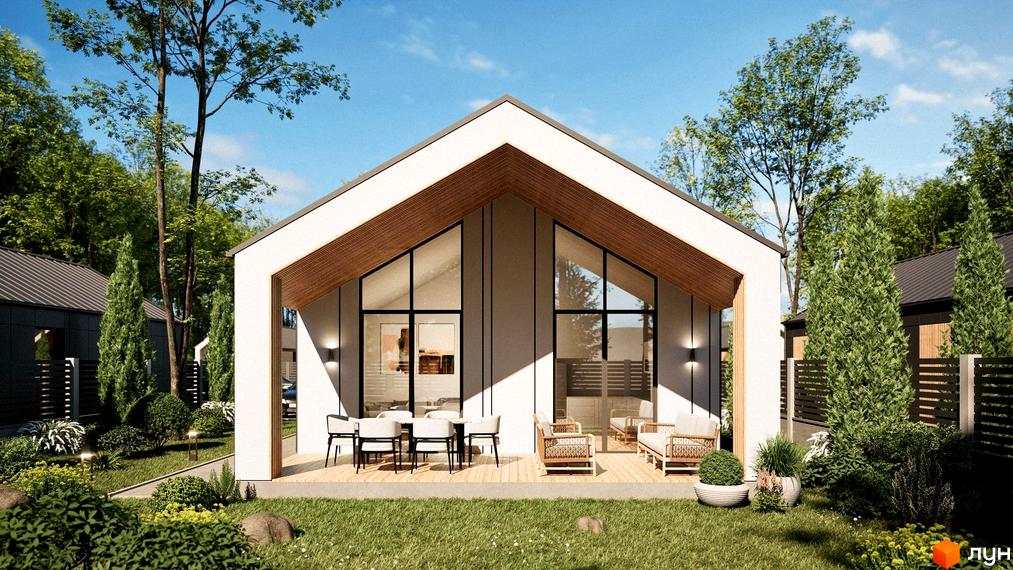 Котеджне містечко Лісовий маєток 2: сучасний будинок з великими вікнами та терасою, оточений зеленню та деревами. Прибудинкова територія з доглянутим газоном та рослинами.