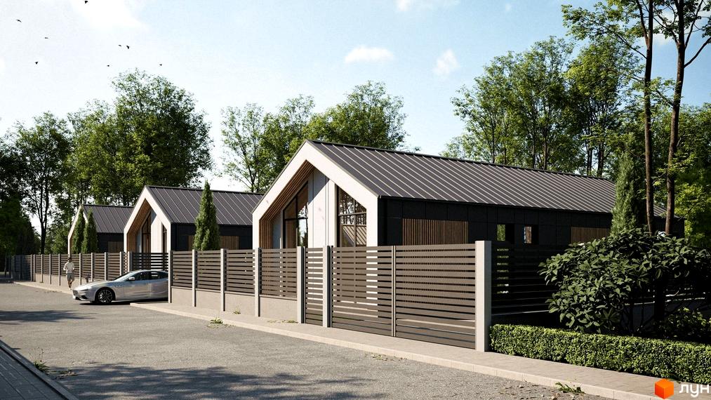 Котеджне містечко КМ Лісовий маєток 2. Сучасні будинки з темними фасадами та двосхилими дахами, огороджені парканом. Прибудинкова територія з деревами та кущами.