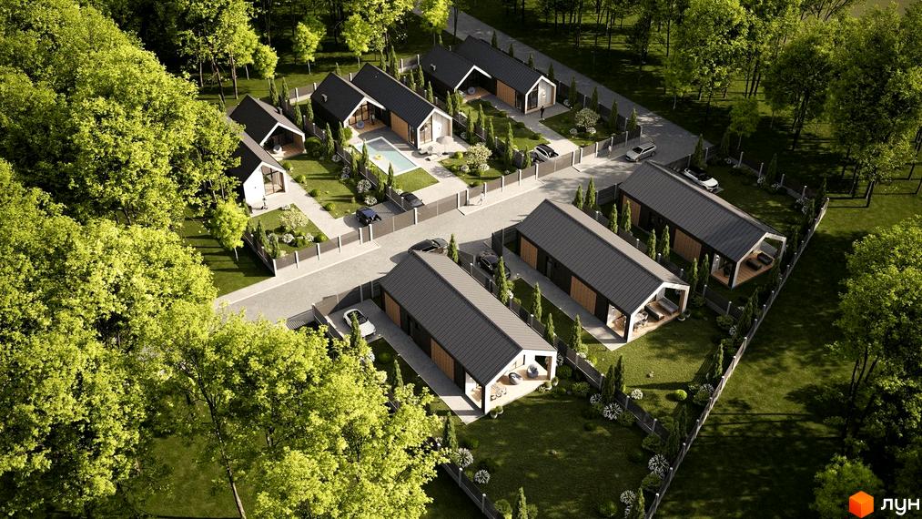 Котеджне містечко КМ Лісовий маєток 2: сучасні будинки з темними дахами та дерев'яними елементами, оточені зеленню та парканом.
