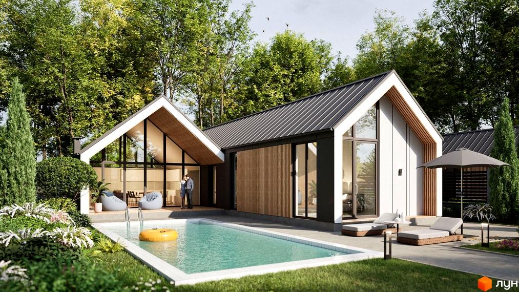Котеджне містечко Лісовий маєток 2: двоповерховий будинок з великими вікнами, басейном та зоною відпочинку на фоні дерев. Зовнішній вигляд будинку та прибудинкова територія.