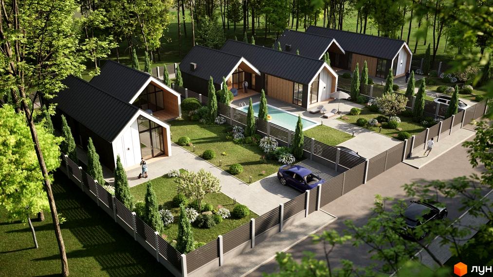 Котеджне містечко КМ Лісовий маєток 2: сучасні будинки з чорними дахами та великими вікнами, приватний басейн та зелена територія. Ідеальне місце для життя.