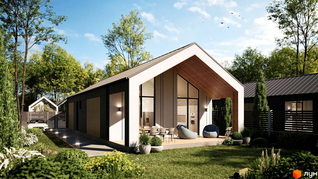 Котеджне містечко КМ Лісовий маєток 2: сучасний одноповерховий будинок з великими вікнами та терасою, оточений зеленню та доглянутою прибудинковою територією.