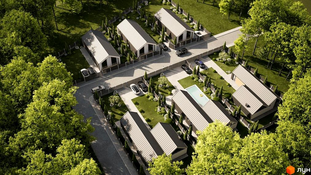 Котеджне містечко КМ Лісовий маєток 2: сучасні будинки з двосхилими дахами та доглянутою прибудинковою територією з басейном та зеленими насадженнями.