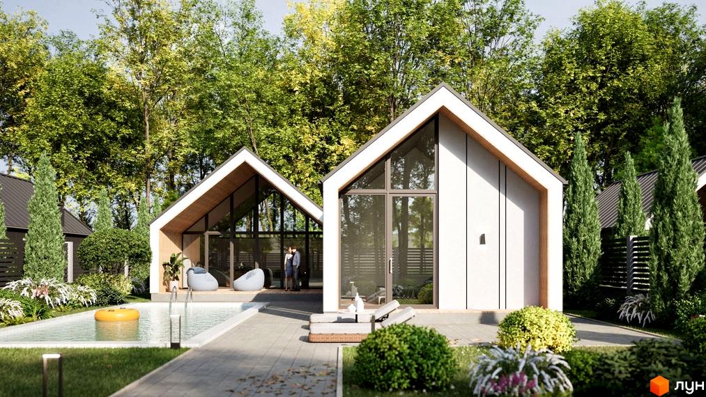 Котеджне містечко КМ Лісовий маєток 2. Зовнішній вигляд будинків з великими вікнами та басейном на прибудинковій території.