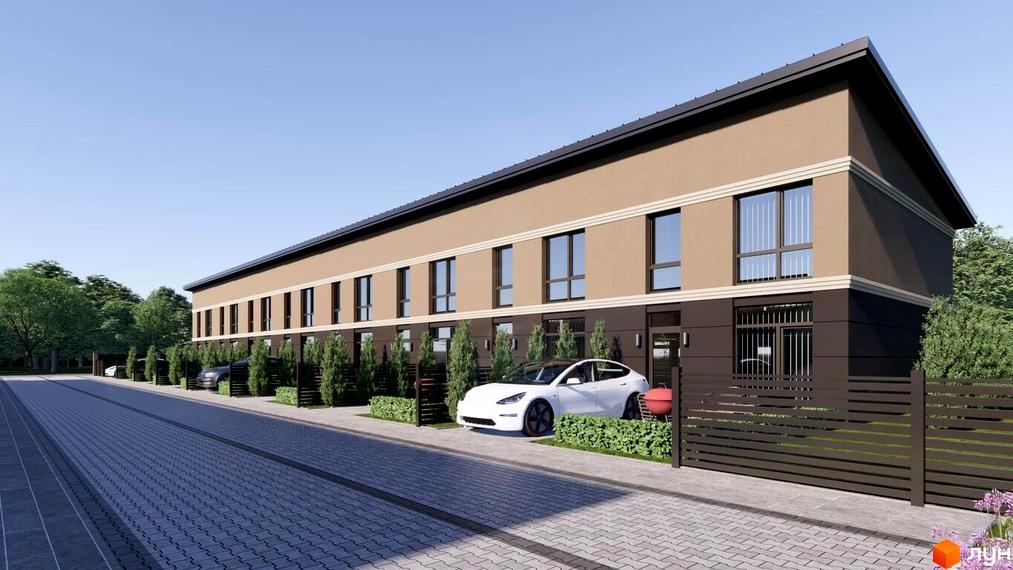 Таунхауси Лісовий затишок: фасади двоповерхових будинків з коричневою та бежевою обробкою, вікнами та парканом. Прибудинкова територія з зеленими насадженнями та автомобілями.