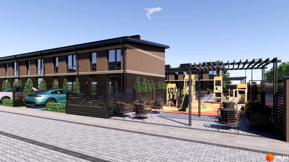 Таунхауси Лісовий затишок з дитячим майданчиком та зонами відпочинку. Зовнішній вигляд двоповерхових будинків з темним дахом та коричневими фасадами.