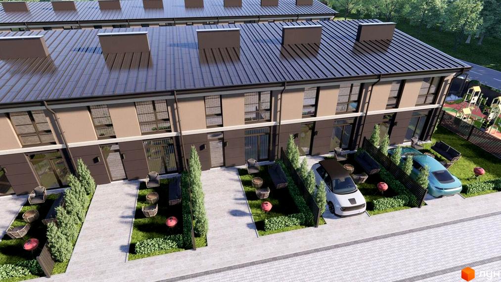 Таунхауси Лісовий затишок: двоповерхові будинки з коричневими дахами та світлими фасадами, прибудинкова територія з зеленими насадженнями та місцями для відпочинку.