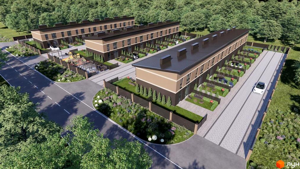 Таунхауси Лісовий затишок – двоповерхові будинки з коричневими фасадами та темними дахами, розташовані біля зеленої зони з дитячим майданчиком та парковкою.