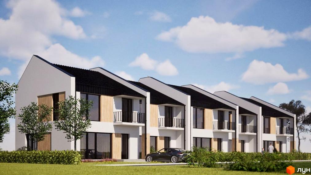 Котеджне містечко Мері Ленд: фасади будинків з чорним дахом та дерев'яними вставками, зелена галявина та дерева.