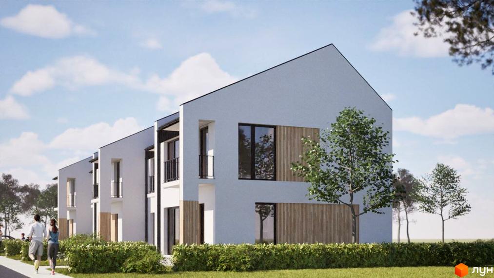 Зовнішній вигляд будинків котеджного містечка КМ Мері Ленд з великими вікнами та дерев'яними вставками, поруч зелений газон та дерева.