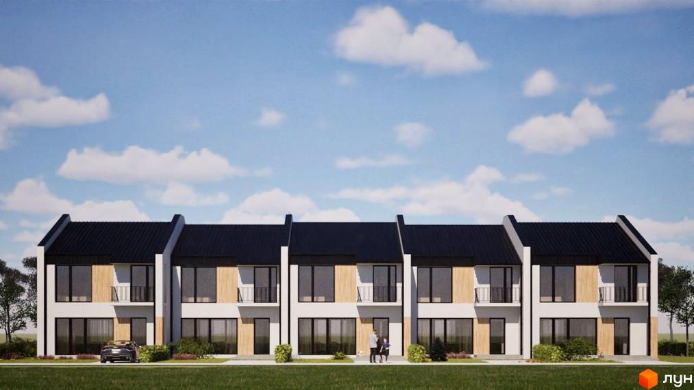 Котеджне містечко Мері Ленд: фасади будинків з панорамними вікнами та дерев'яними елементами, зелена прибудинкова територія. Зовнішній вигляд новобудов.