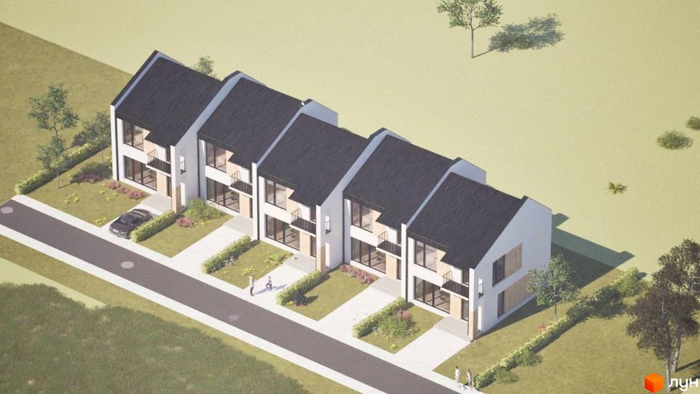 Котеджне містечко КМ Мері Ленд: сучасні двоповерхові будинки з чорними дахами та великими вікнами, розташовані вздовж дороги з доглянутими газонами та деревами.