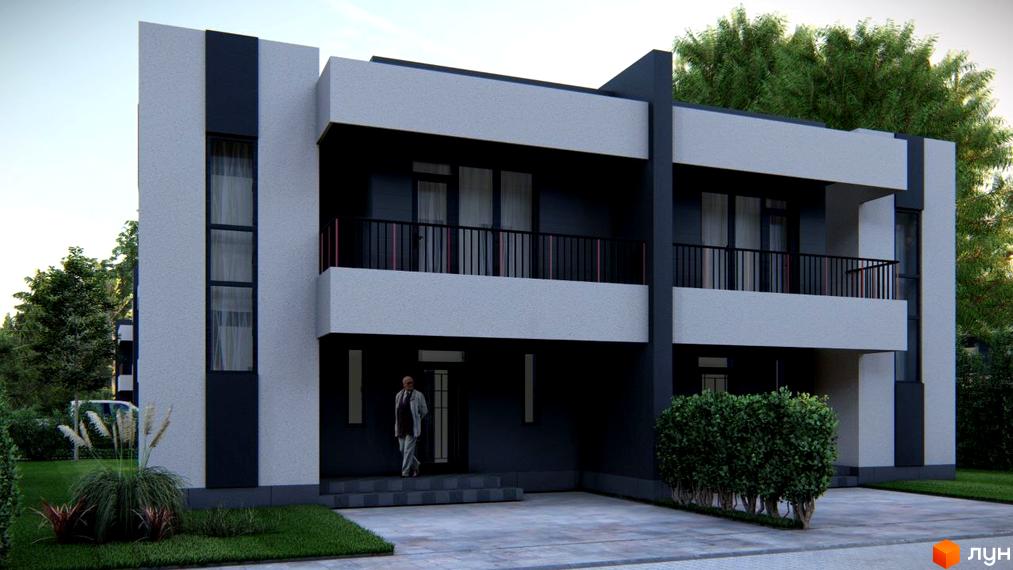 Котеджне містечко Мері Ленд: двоповерховий будинок з балконами та чорною огорожею, зелена прибудинкова територія з кущами та травою.