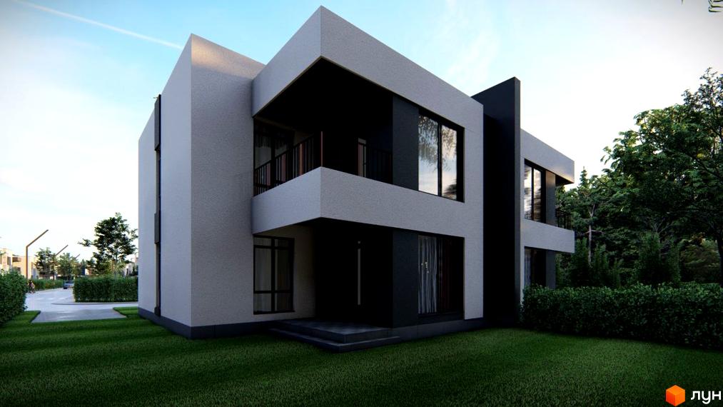 Котеджне містечко Мері Ленд: двоповерховий будинок з балконом та великими вікнами на тлі зелених дерев та газону. Прибудинкова територія з доглянутим газоном та кущами.