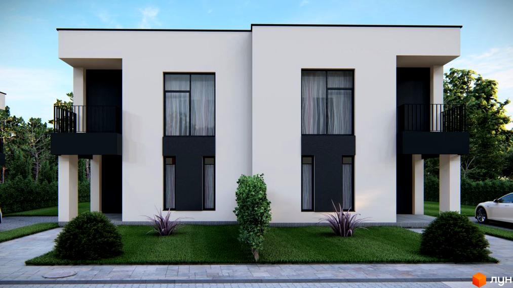 Котеджне містечко КМ Мері Ленд: двоповерхові будинки з чорними та білими фасадами, балконами та доглянутою прибудинковою територією з газоном і кущами.