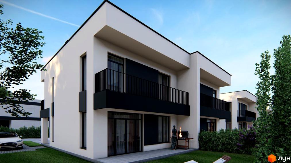 Котеджне містечко Мері Ленд: двоповерхові будинки з чорними балконами та великими вікнами, зелена галявина та дерева.