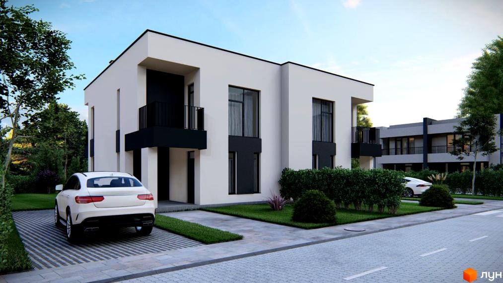 Котеджне містечко Мері Ленд: двоповерхові будинки з чорними елементами та балконами, прибудинкова територія з газоном, кущами та автомобілем.