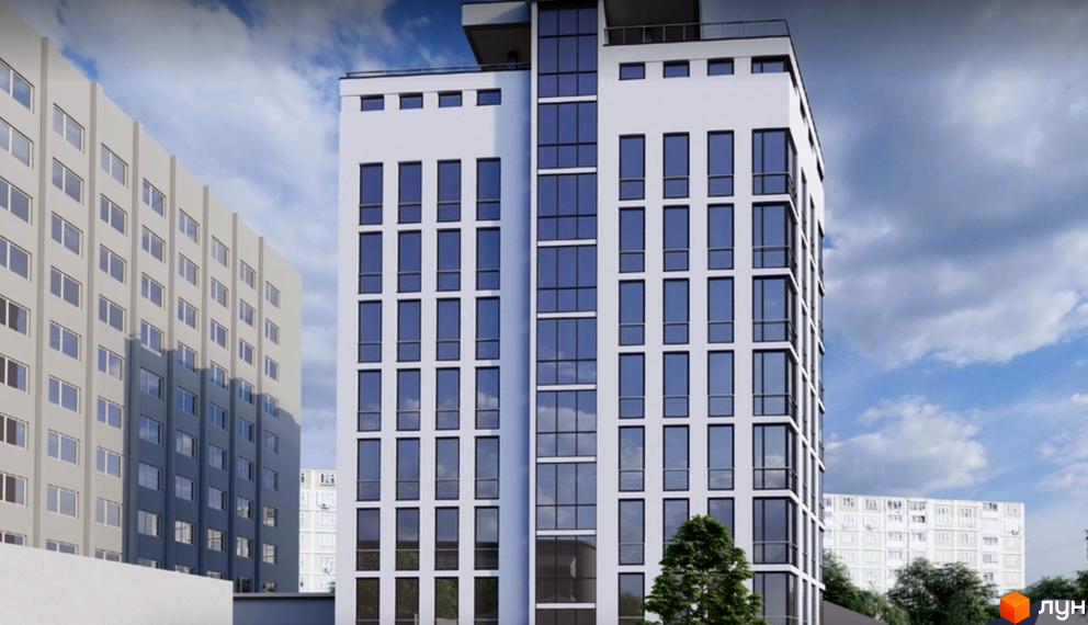 Сучасний житловий комплекс на вулиці Родини Барвінських з великими вікнами та балконами. Навколо будинку зелені дерева та хмарне небо.