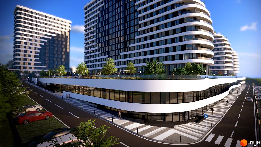 SvitLand Residences - новобудова з вигнутими балконами та скляними фасадами. Територія з дорогою, парковкою та зеленими насадженнями.