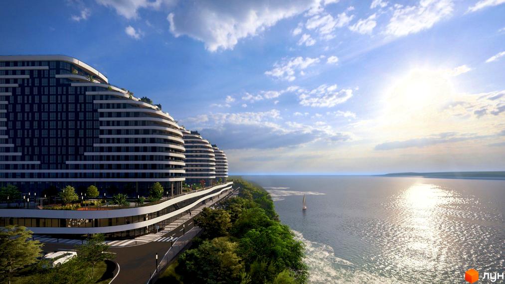 Житловий комплекс SvitLand Residences з хвилястими фасадами та терасами, розташований на березі моря серед зелені. Прибудинкова територія з дорогою та пішохідними зонами.