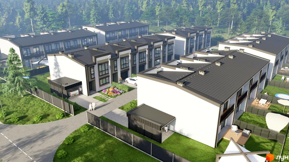 Зовнішній вигляд таунхаусів Рідне з сірими дахами та білими фасадами, прибудинкова територія з зеленими газонами та парканами.