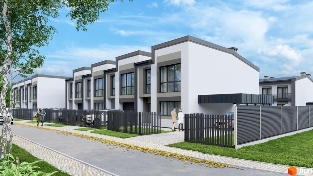 Таунхауси Рідне - комплекс з двоповерхових будинків з сірими дахами та великими вікнами, огороджена територія з парканом та доглянутою травою.