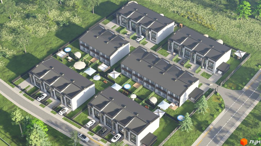 Таунхауси Рідне: сучасні двоповерхові будинки з сірими дахами та білими фасадами, розташовані на доглянутій прибудинковій території з зеленими газонами та деревами.