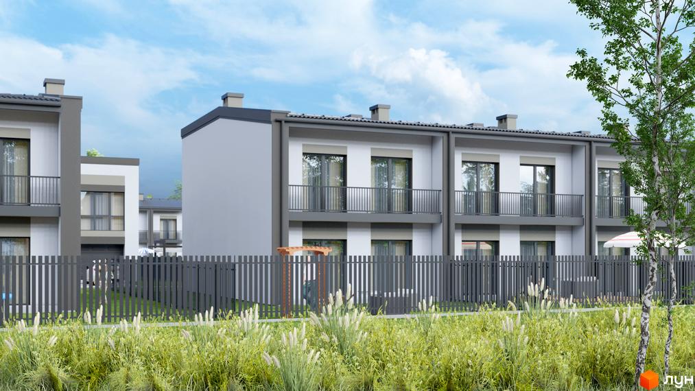 Зовнішній вигляд таунхаусів Рідне з балконами та парканом. Прибудинкова територія з травою та деревами.