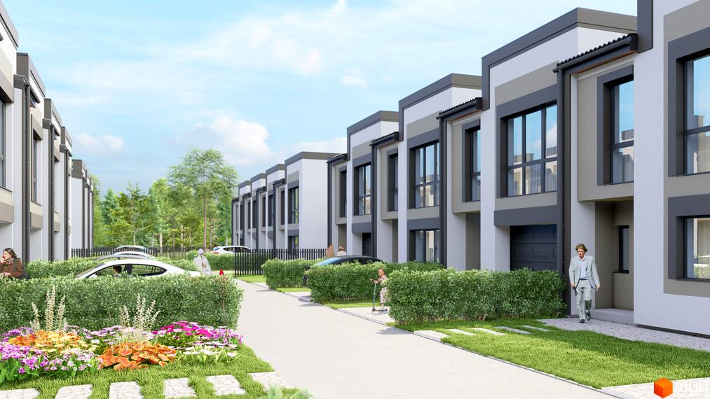Рідне таунхауси: фасади будинків та доглянута прибудинкова територія з квітами та кущами. Зовнішній вигляд новобудови.