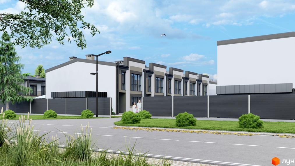 Таунхауси Рідне: фасади будинків з сірими та білими елементами, огороджена територія з кущами та дорогою. Зовнішній вигляд новобудови, прибудинкова територія.