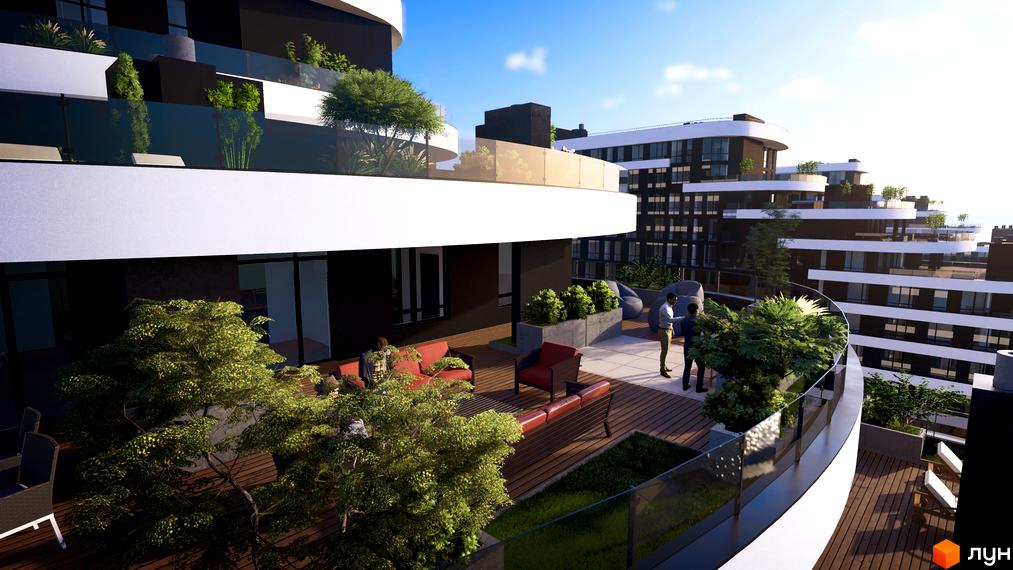 Комплекс SvitLand Residences з терасами та зонами відпочинку. Зовнішній вигляд будівлі та прибудинкова територія з рослинністю.