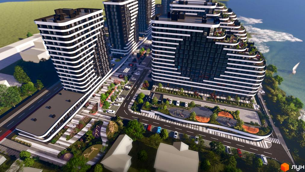 Новобудова ЖК SvitLand Residences з вигнутими фасадами та терасами, що виходять до води. На прибудинковій території розташовані зони відпочинку та дитячі майданчики.