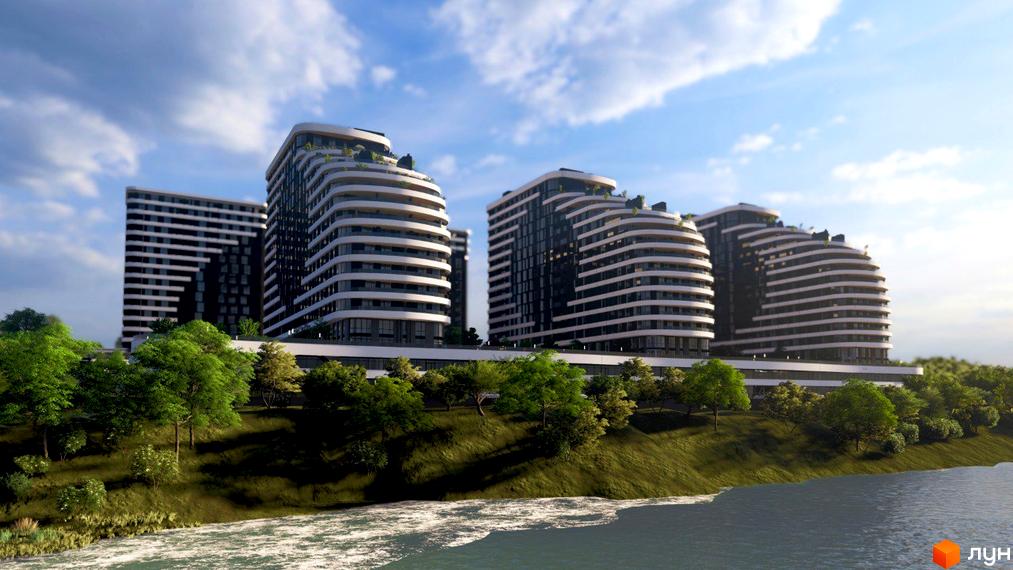 Житловий комплекс SvitLand Residences - це група багатоповерхових будинків з хвилястими фасадами та балконами, оточених зеленою зоною та річкою.
