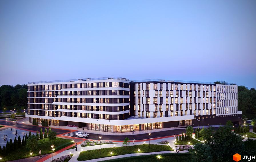 Житловий комплекс Парус City з фасадом з білих та чорних модулів та панорамними вікнами. Прибудинкова територія з доріжками, освітленням та зеленими насадженнями.