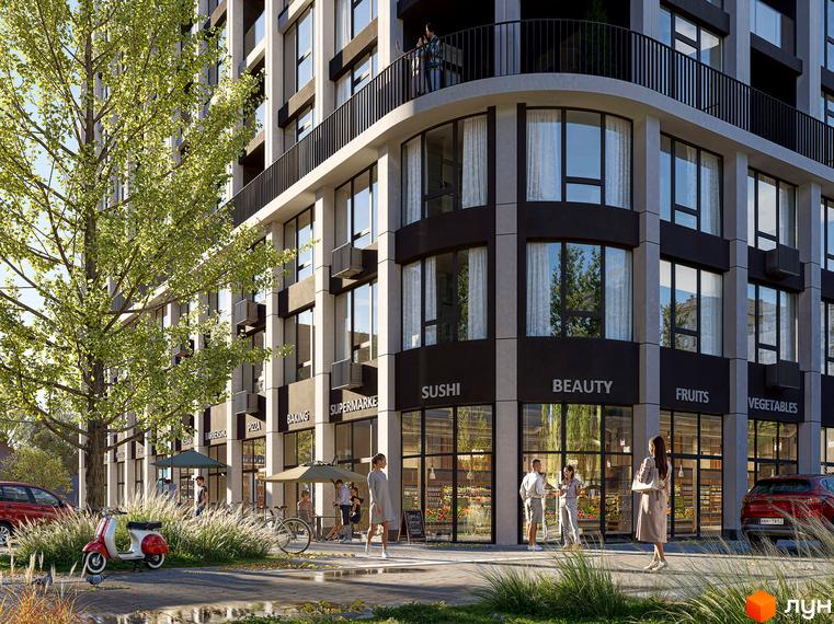 Житловий комплекс Lake Park: фасади будівель з великими вікнами та балконами, на першому поверсі магазини, поруч зелена зона з деревами та зоною відпочинку.