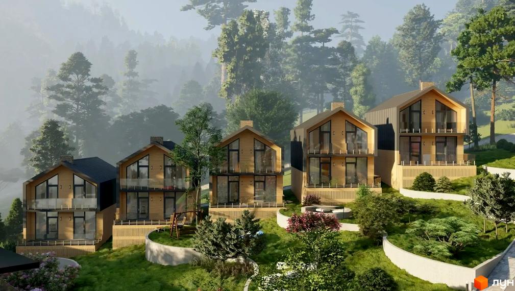 Котеджне містечко КМ TrueVille: триповерхові будинки з дерев'яним фасадом, панорамними вікнами та балконами на тлі лісу. Доглянута прибудинкова територія з ландшафтним дизайном.