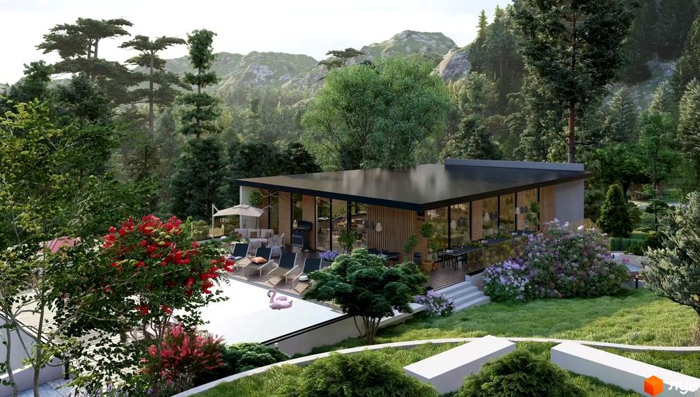 Котеджне містечко TrueVille: будинок з панорамними вікнами та терасою, басейн та зелена зона навколо. Новобудова в оточенні лісу.