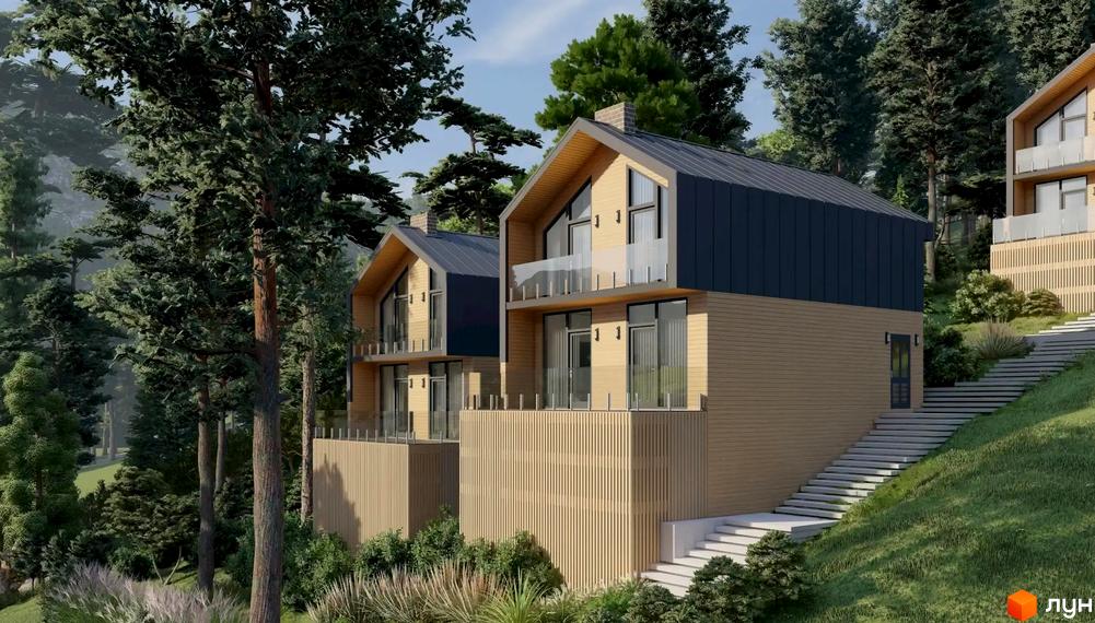 Котеджне містечко КМ TrueVille. Сучасні будинки з дерев'яним фасадом та скляними балконами розташовані серед високих дерев на схилі пагорба.