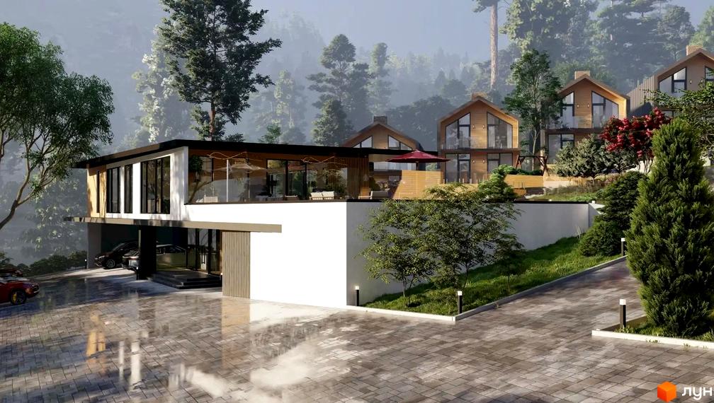 Котеджне містечко КМ TrueVille: сучасні будинки з панорамними вікнами на фоні лісу, доглянута прибудинкова територія з бруківкою та освітленням.