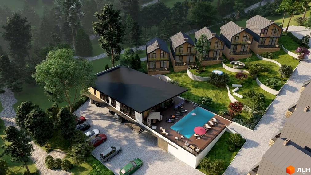 Котеджне містечко КМ TrueVille: сучасні будинки з панорамними вікнами та басейном на терасі. Навколо зелена зона з деревами та доріжками.