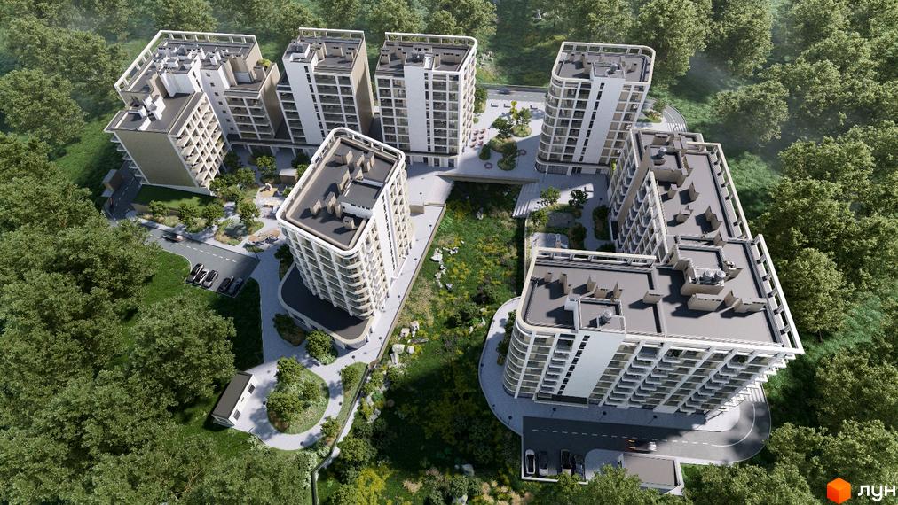 Новобудова ЖК ШЕЛЕСТ з білими фасадами та балконами, оточена зеленими деревами та облаштованою прибудинковою територією з парковкою.