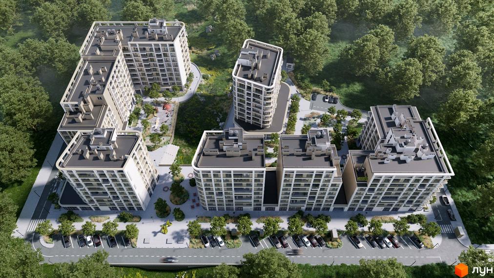 Житловий комплекс ШЕЛЕСТ - сучасна архітектура будівель та зелена прибудинкова територія з дитячим майданчиком та парковкою.