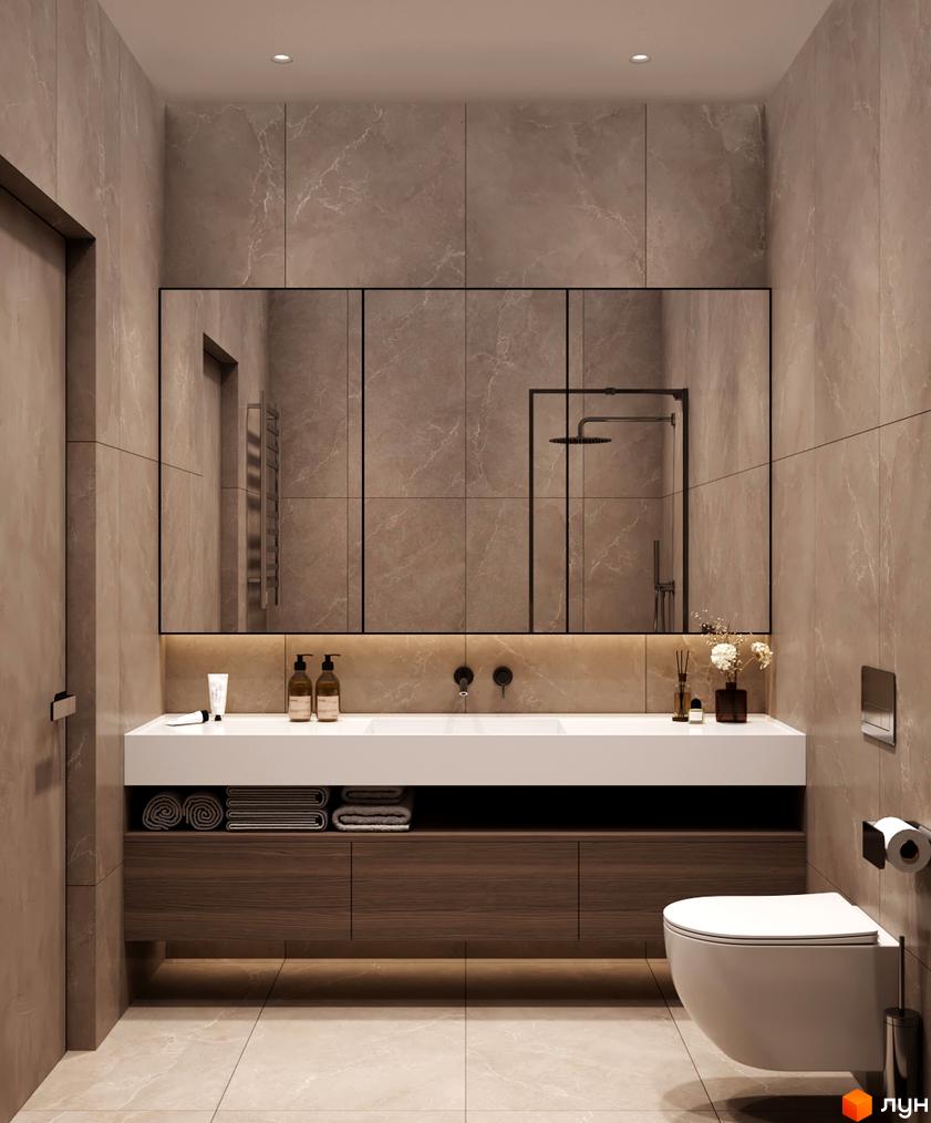 Інтер'єр ванної кімнати в житловому комплексі КМ NOA з мармуровою плиткою, підвісним унітазом та подвійним дзеркалом.