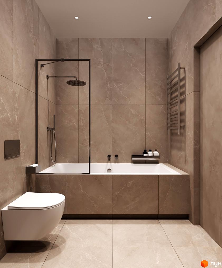 Сучасний дизайн ванної кімнати в КМ NOA з великою ванною, душем та підвісним унітазом. Плитка під мармур та мінімалістичні аксесуари створюють відчуття простору.