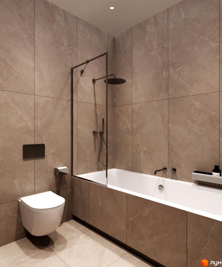 Сучасний дизайн ванної кімнати в житловому комплексі КМ NOA з великою ванною, душовою кабіною та підвісним унітазом. Оздоблення стін мармуровою плиткою та підлоги світлою плиткою.