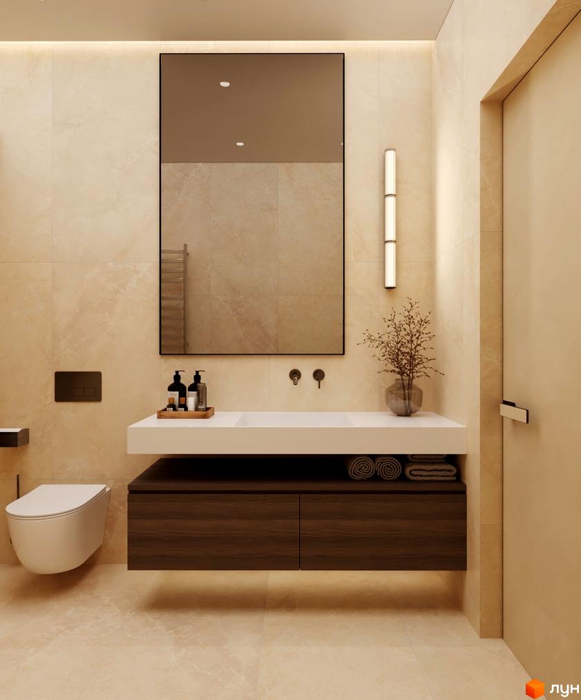 Сучасний дизайн ванної кімнати в житловому комплексі КМ NOA з підвісним унітазом, подвійною раковиною та дерев'яною тумбою.